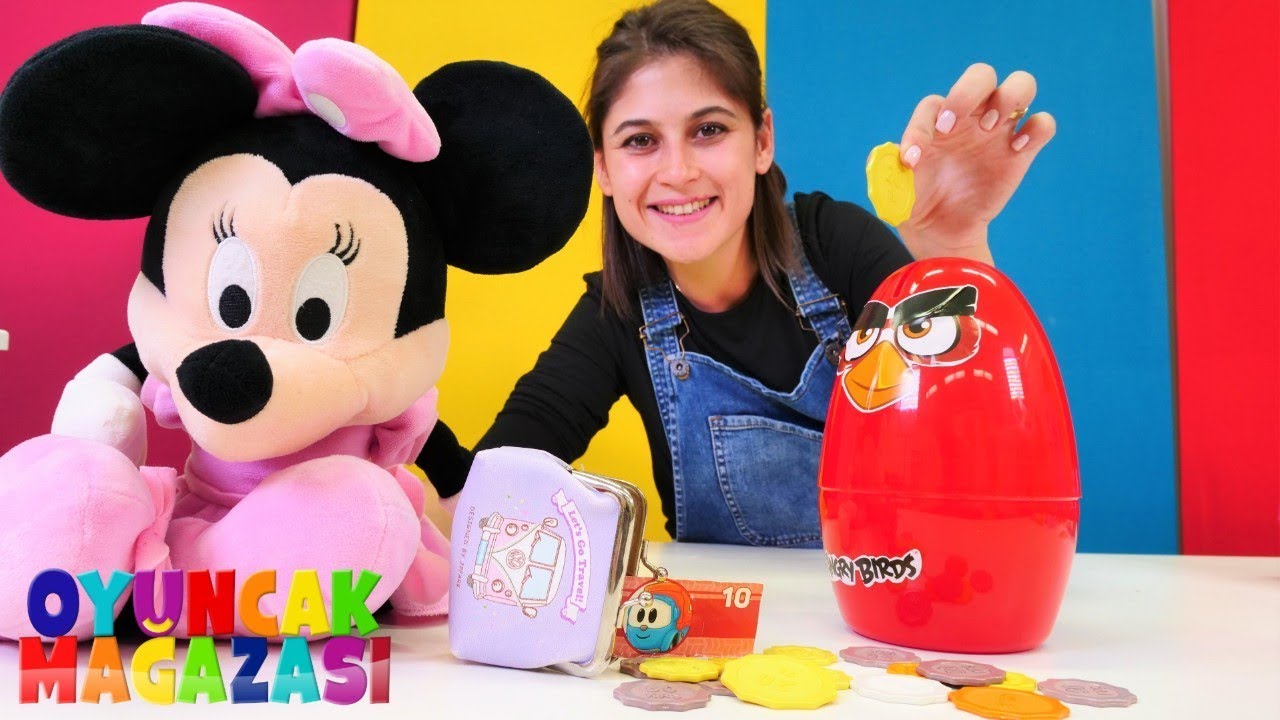 Angry birds oyuncak kumbara. Minnie Mouse ile oyun videosu. Ayşe'nin oyuncak mağazası