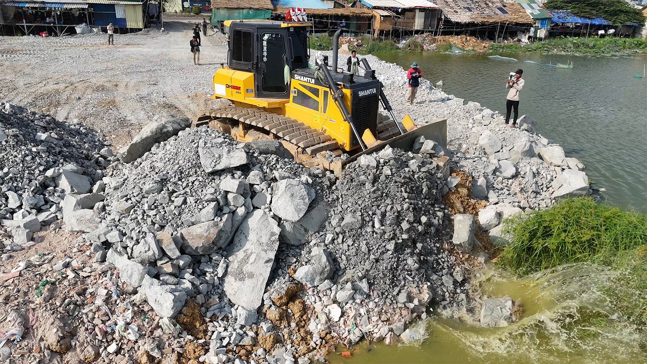 Excellent Dozer Operator Skill Move Stone To water ,Dump Truck Unloadging