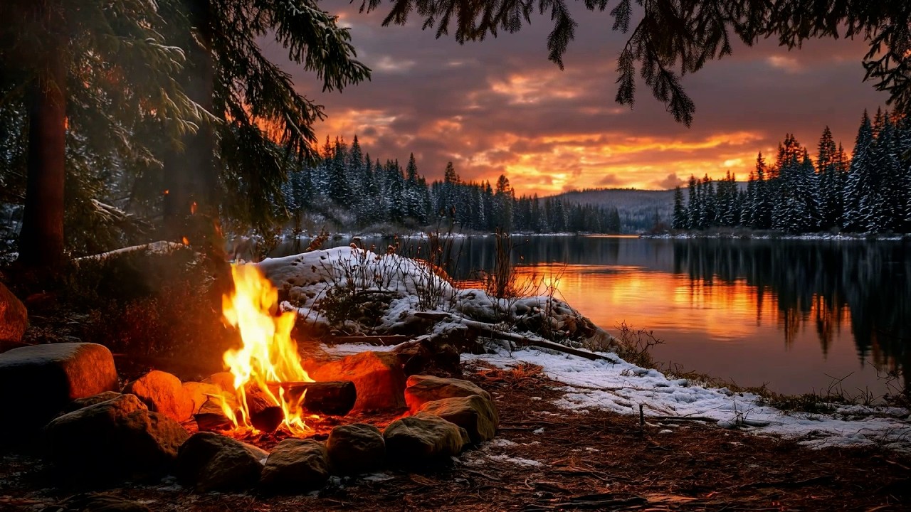 Relaxing Campfire by the Lakeside at Golden Sunset 🌄 Crackling Woods & Instrumental Piano