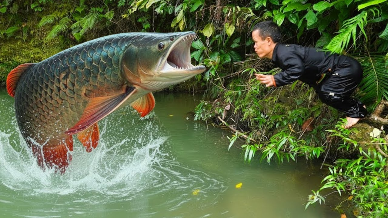 Dwarf Family Catches Giant Fish and Grills Outdoors | Primitive Survival Cooking