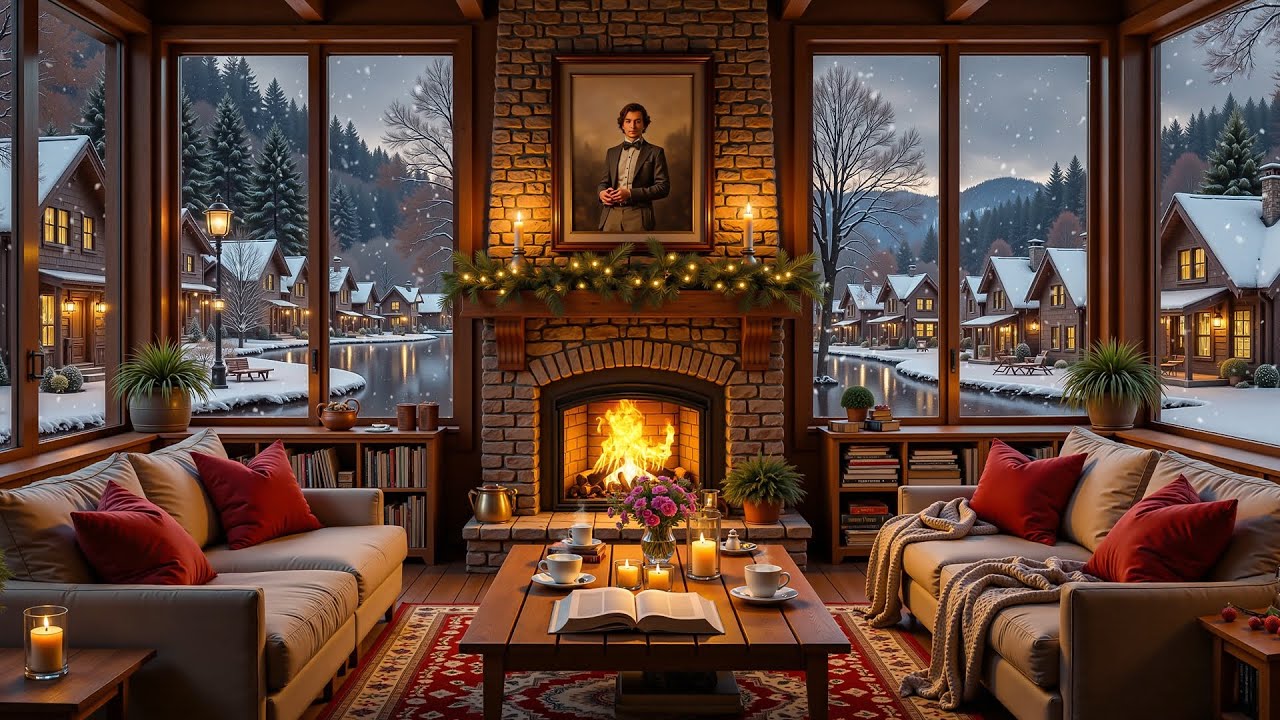 A Peaceful Winter Evening by the Fireplace and River | Cozy Jazz for Reading, Relaxing & Calm Nights