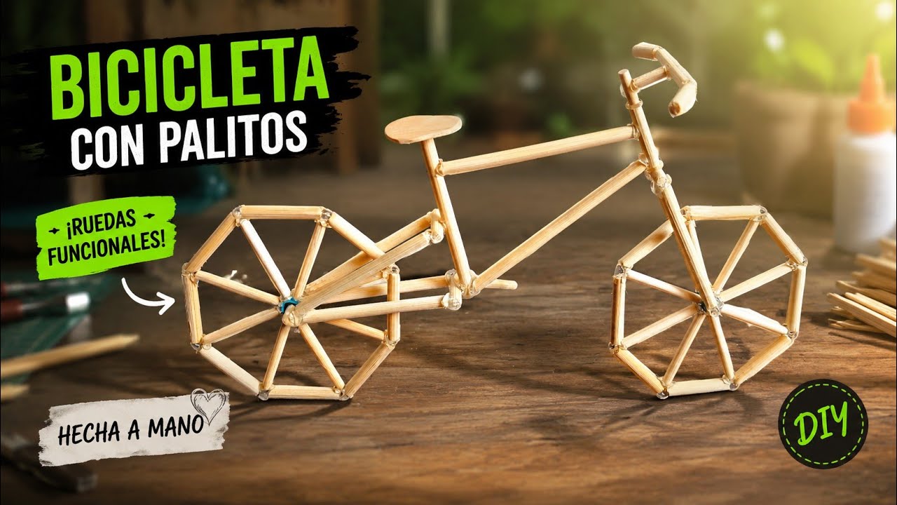 BICICLETA CON RUEDAS FUNCIONALES hecha con palitos de brocheta- BICYCLE made with skewer sticks