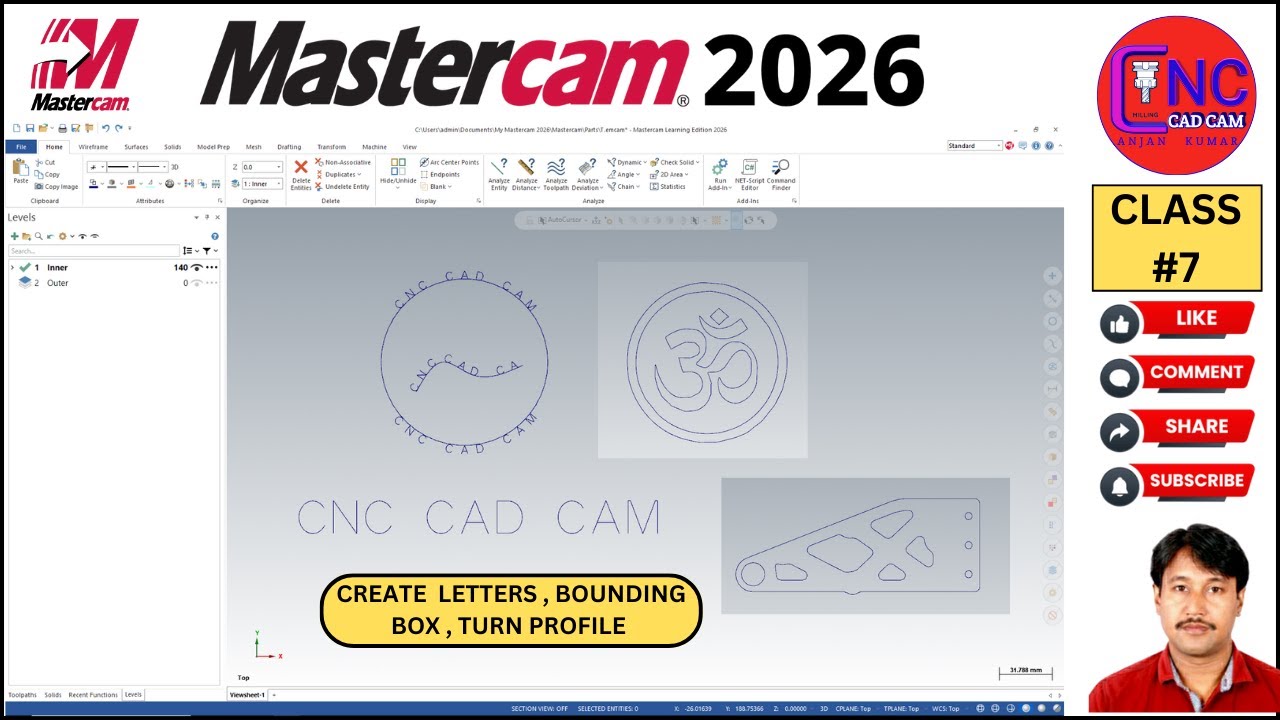 #7 MASTERCAM 2026 | How to CREATE LETTERS , BOUNDING BOX  , TURN PROFILE  IN MASTERCAM 2026 |