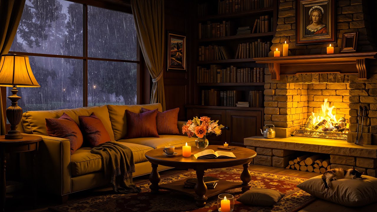 🌧️ Cozy Rainy Night Room Ambience 🎶 Smooth Jazz Music & Fireplace Crackling Sounds for Relaxation