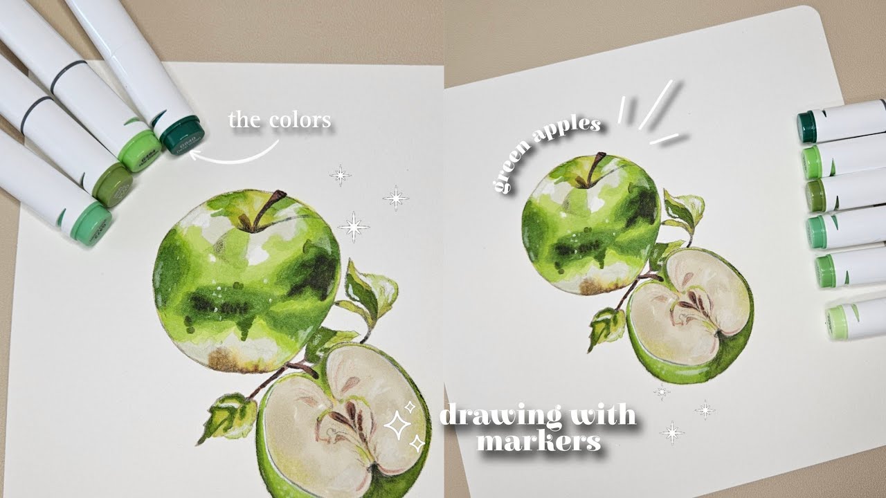 Drawing with ohuhu markers 🍏🌱| drawing and coloring | GREEN APPLE 🧃 { let's draw together }