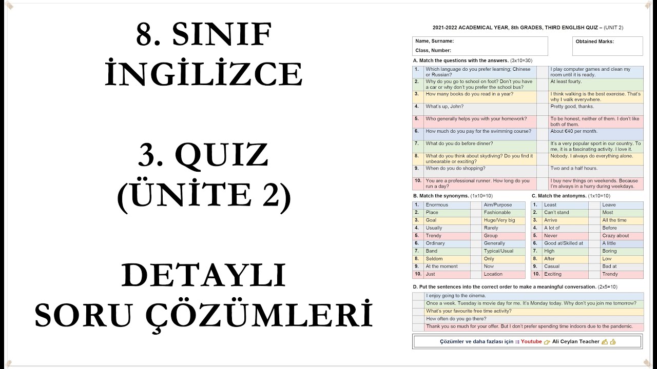 İngilizce, 8. Sınıf, 3. Quiz ve Detaylı Çözümleri (Ünite 2) #Lgs #İngilizce