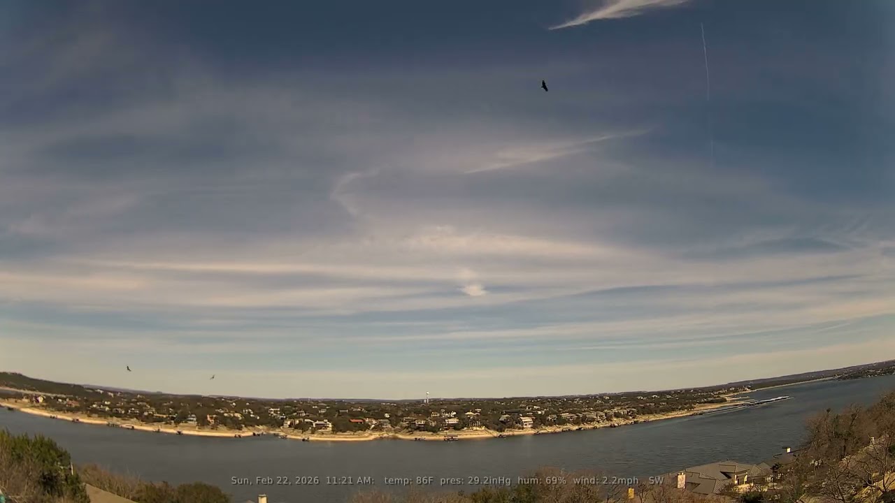 02/22/2026: Lake Travis, Texas (Austin, TX): 4K, 60fps Daily Weather & Boat Traffic Timelapse Video