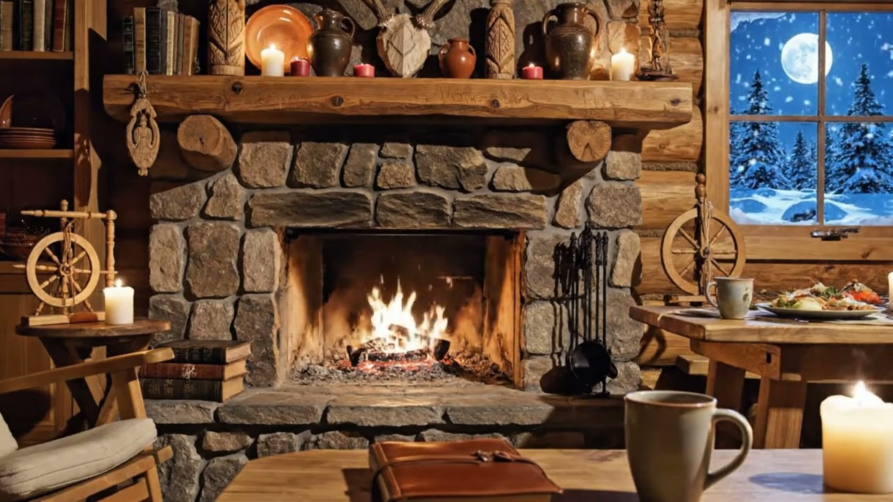 Crackling Fireplace in Cozy Cabin Snowy Night Ambience for Sleep & Relaxation