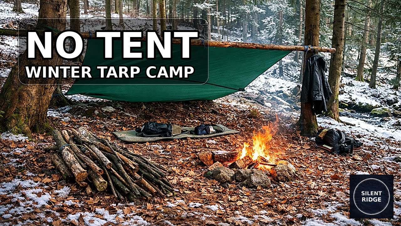 Winter Tarp Camp No Tent  Solo Creek Overnight  No Talking Bushcraft