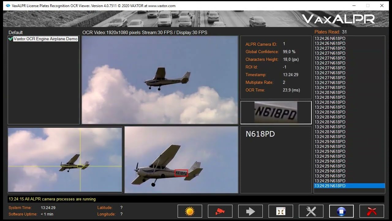 Vaxtor OCR reading airplanes tail number