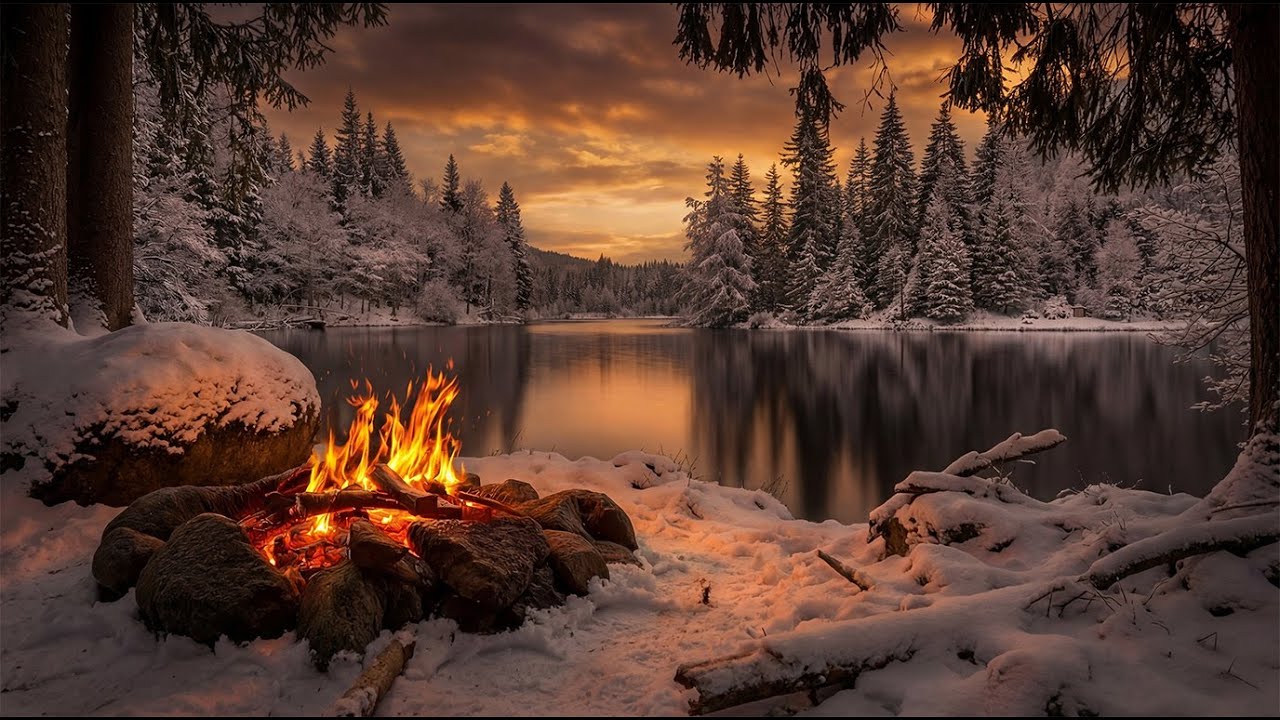 You’re Sitting by a Campfire by the Lake ❄️🔥 Gentle Water Sounds & Winter Ambience