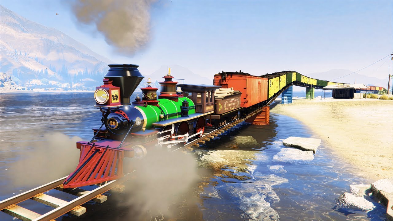 Driving Disney Railroad Train Over Alamo Sea -New rail route! - Grand Theft Auto V