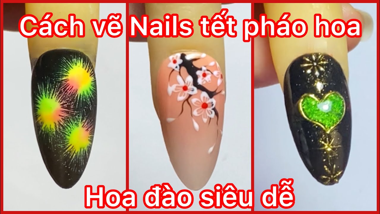 Cách vẽ 3 mẫu nails tết hoa đào pháo hoa đơn giản