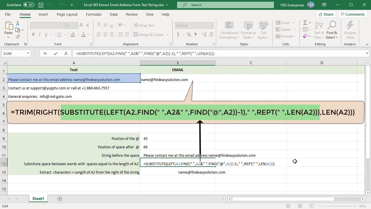 How to Extract Email Address from Text in Excel - Office 365