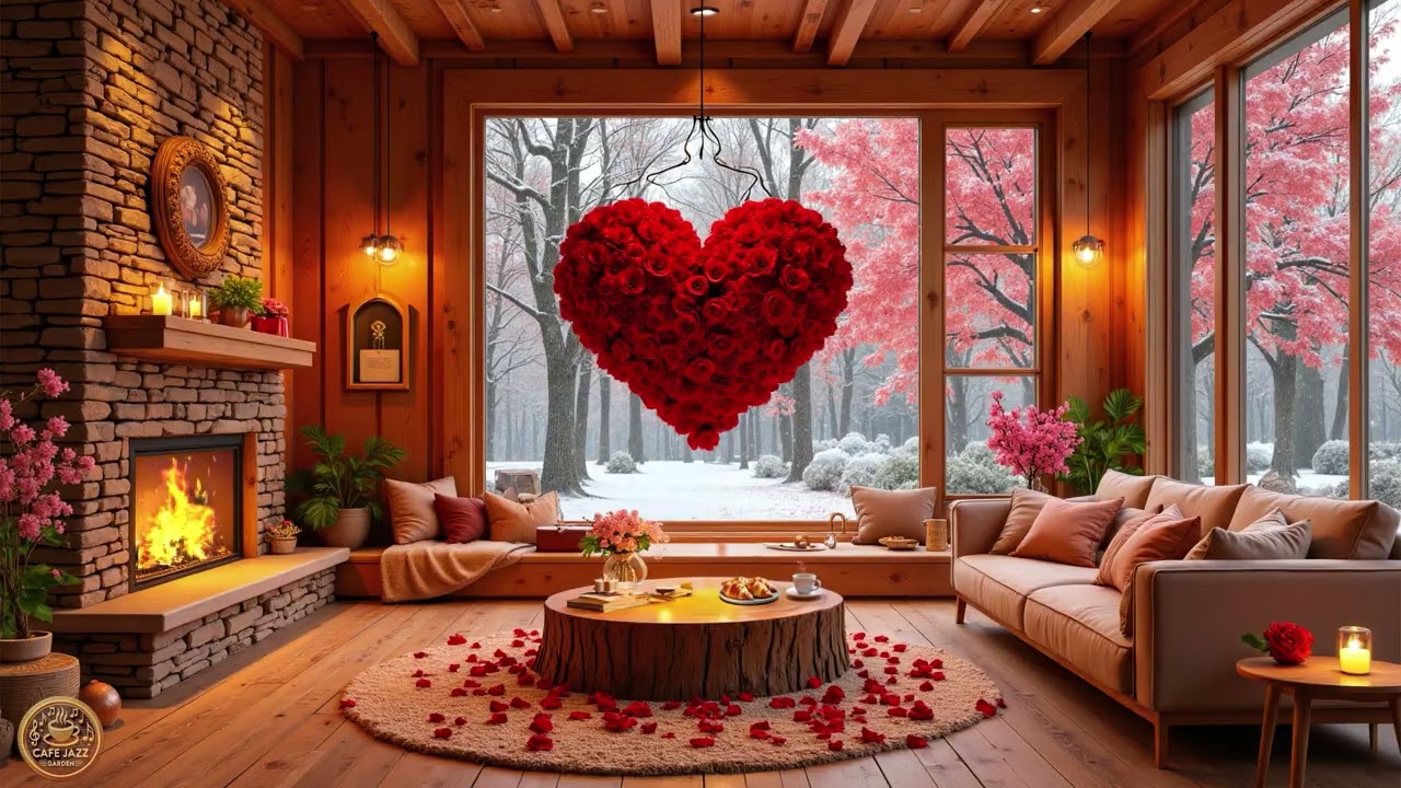 Valentine’s Quiet Morning 🌹 Snowy Cabin Jazz | Soft Fireplace & Gentle Dawn Ambience