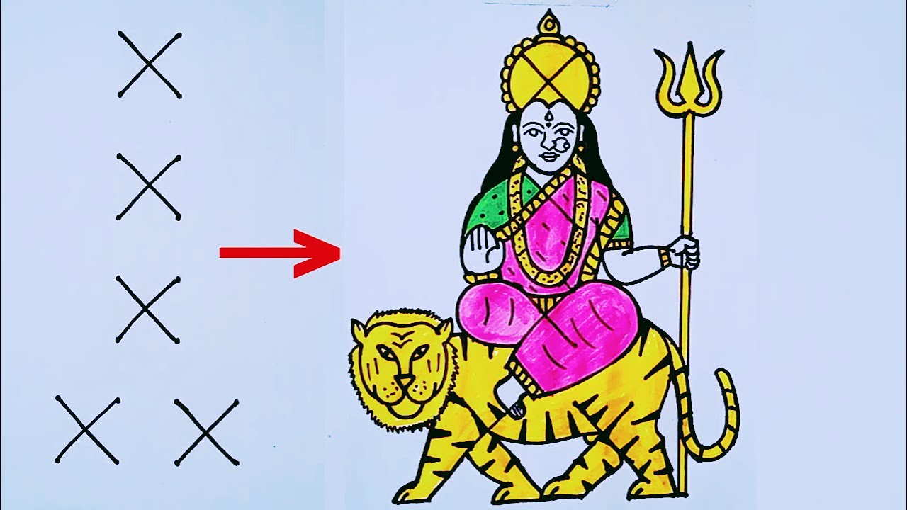 Maa Durga Devi drawing from dots easy// Maa Durga Rangoli //Durga Puja drawing //