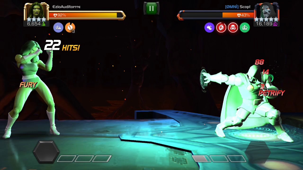Shehulk's SP2 petrify debuff not stopping Doom's Aura of Haazareth