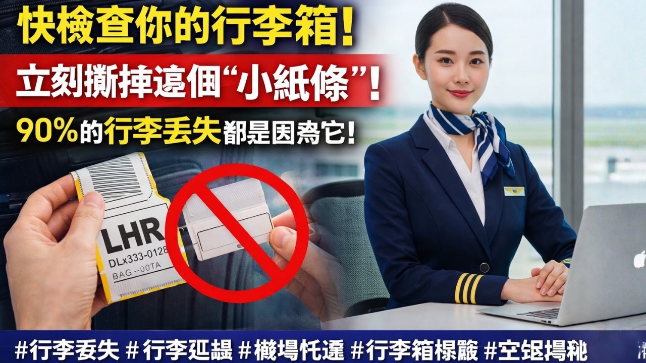 快檢查你的行李箱！立刻撕掉這個“小紙條”！資深空姐緊急警告：留著它等於給行李貼“迷魂符”，90%的行李丟失都是因為它！#行李丟失 #行李延誤 #機場托運 #行李箱標籤 #空姐揭秘