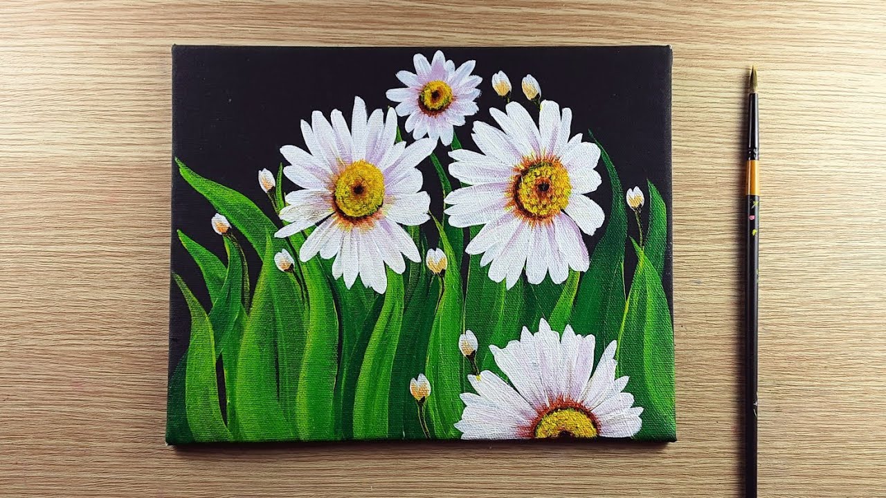 White Daisy Painting On Canvas 💕, How to draw Daisy Flower