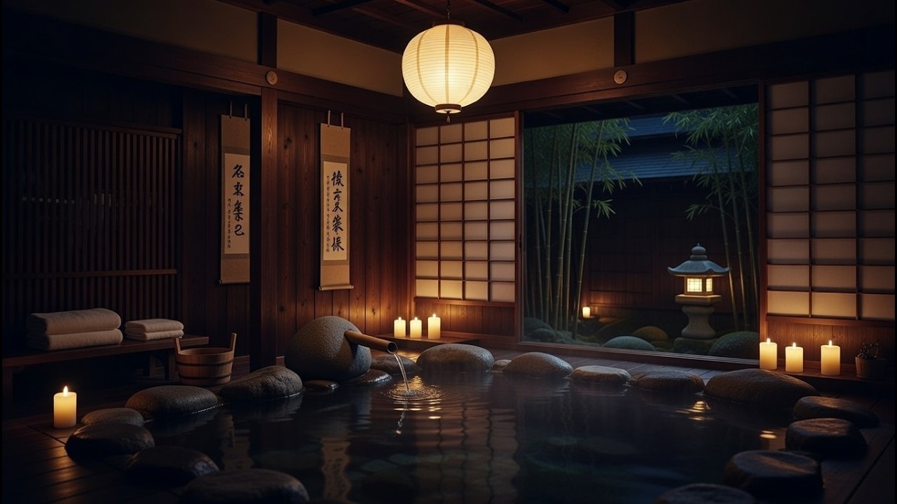 Japanese Onsen Night Ambience | Candles & Flowing Water | 10 Hours Sleep & Relaxation