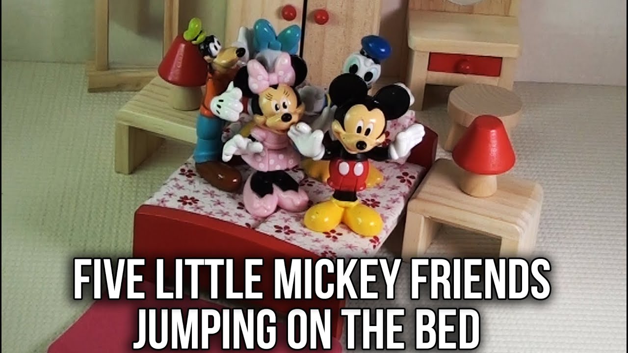 Five Little Mickey Friends Jumping on the Bed Nursery Rhyme | Mickey Donald Minnie Daisy Goofy