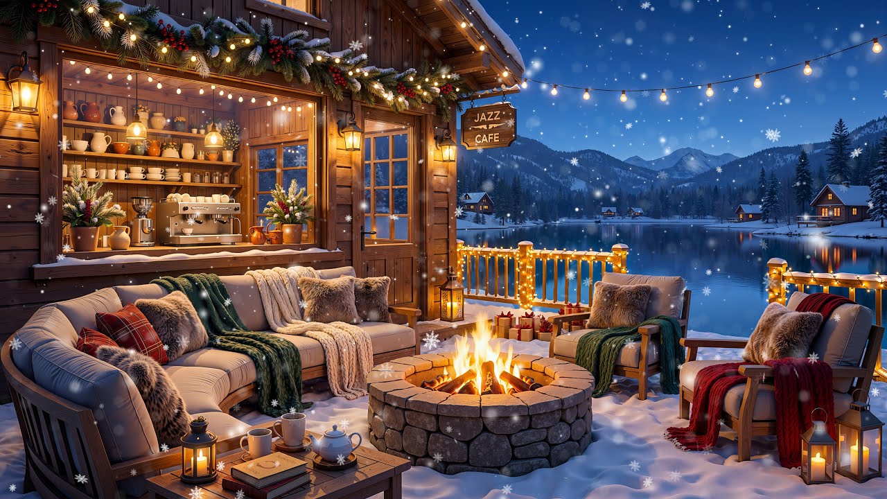 Dreamy Winter Lakeside Café Jazz | Soft Jazz and Cozy Fireplace Ambience for Relaxation