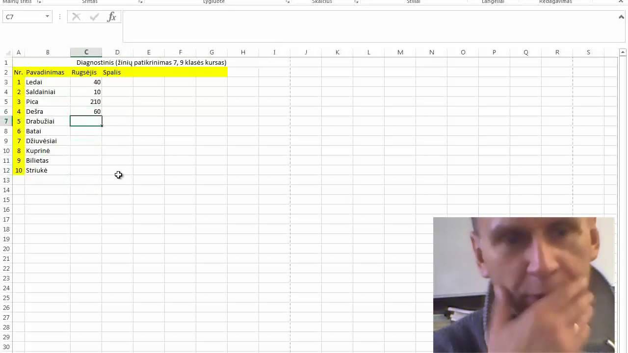MS Excel pamokos (lentelė, suma, vidurkis, IF, diagrama)