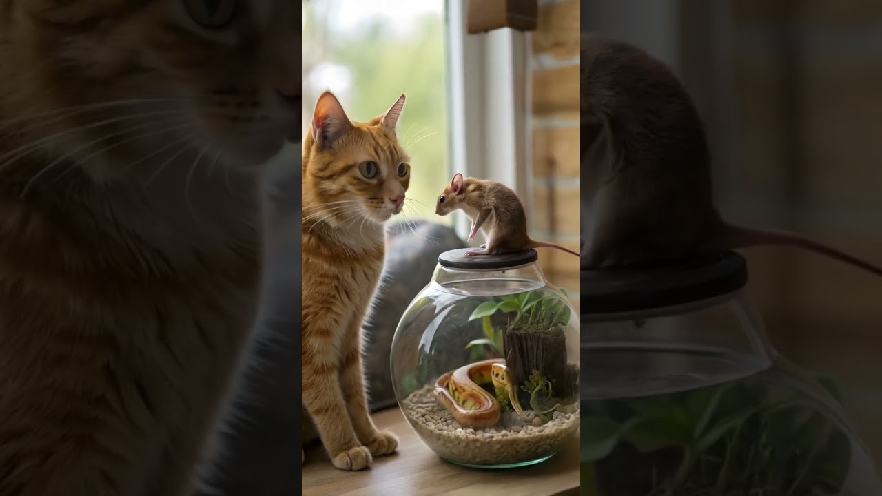 Brave Mouse Taunts Cat While Guarding Snake Terrarium!