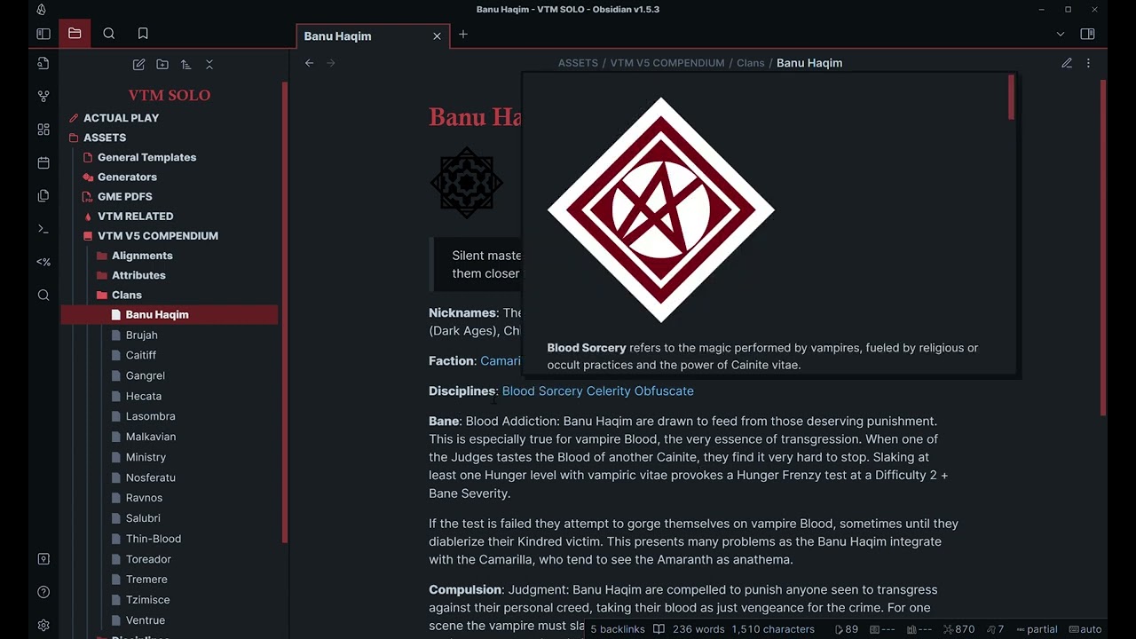 Details on VTM V5 Obsidian.MD Vault for Solo/Group Play