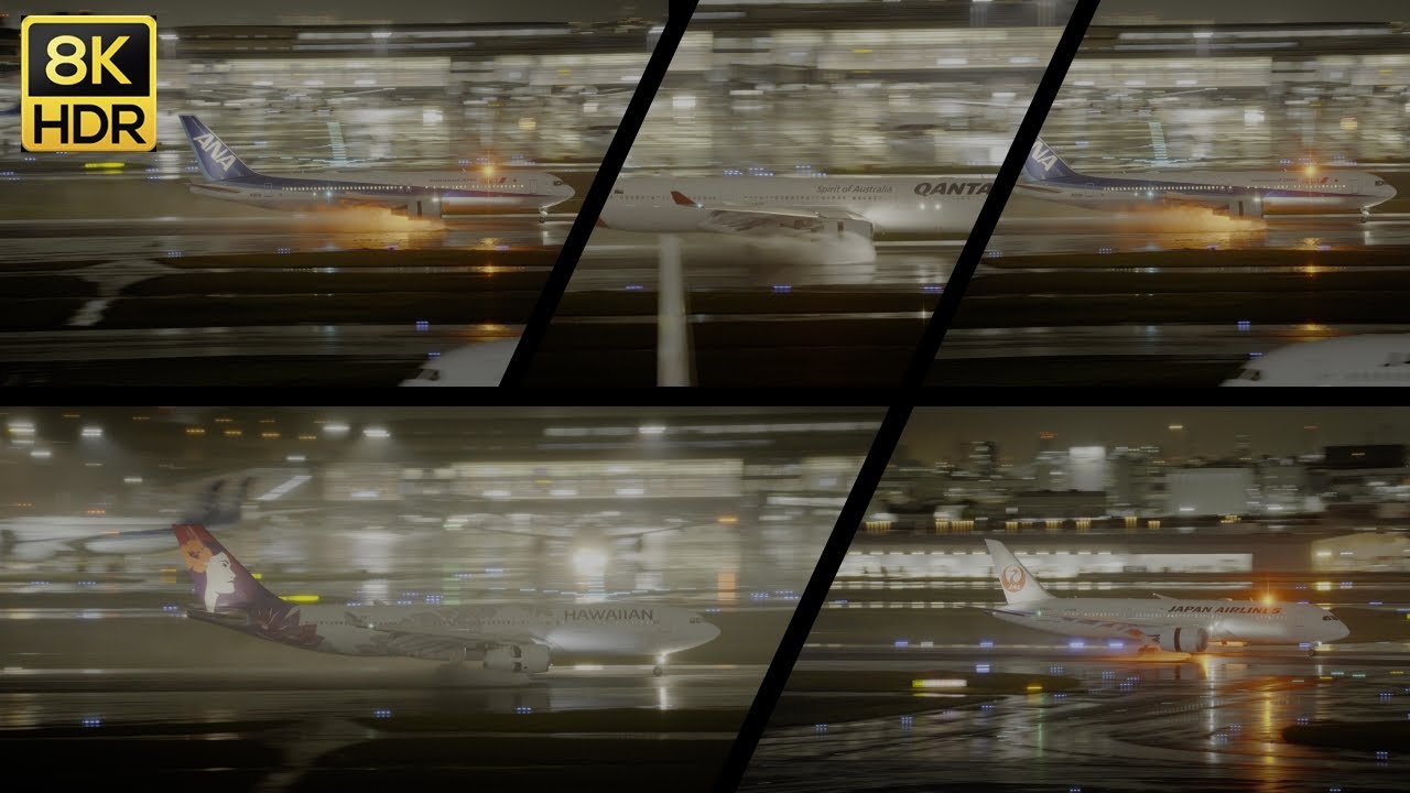 [8K] Reverse Thrust in Action: Beautiful Night Landing and Water Spray Reflections