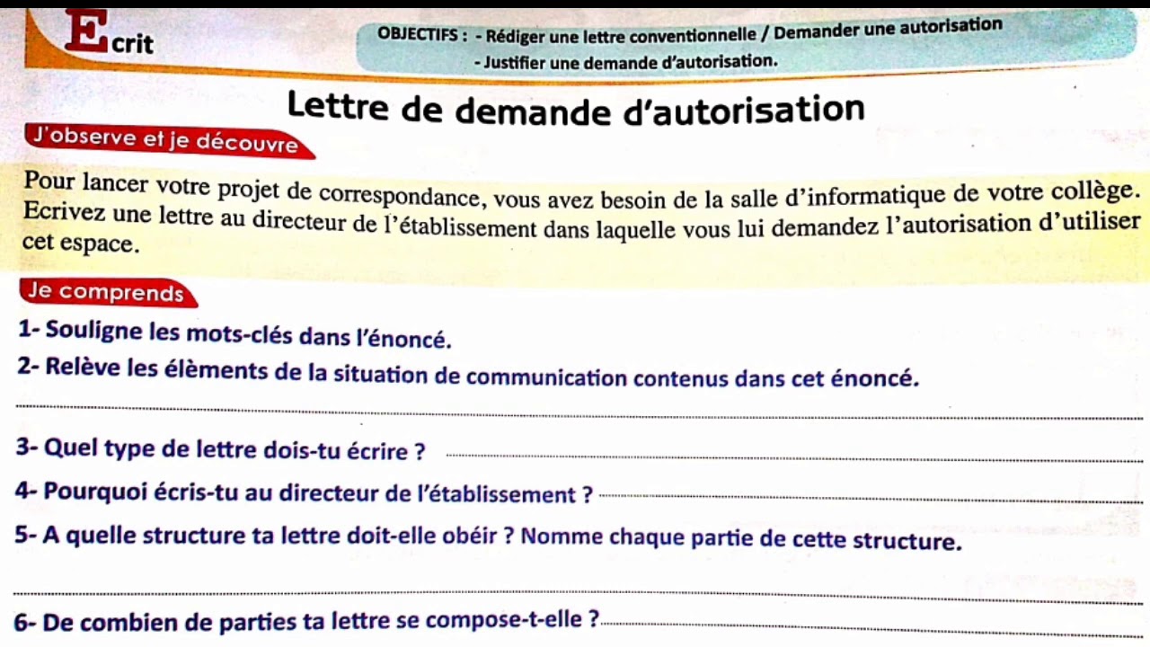 Ecrit : rédiger une lettre de demande d'autorisation et la justifier| livret Passerelle| 3.AC