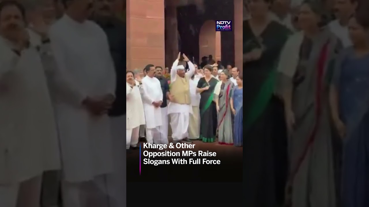 Watch: Kharge Raises Slogans With Full Force As Opposition Protests In Parliament | #shorts