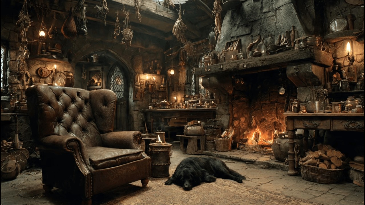 Rainy Day in the Gamekeeper's Hut | Deep Fireplace Crackle, Cauldron Bubbles and Sleeping Dog 🐾🕯️