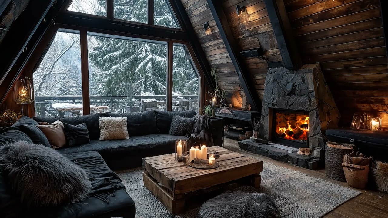 Peaceful Winter Piano Lounge ❄️ Soft Fireplace Sounds & Snowfall Ambience for Sleep & Focus