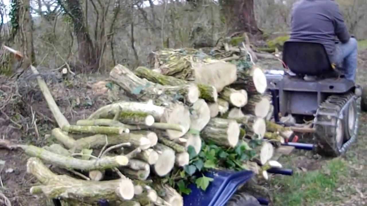 Tracteur Tondeuse Modifié à Chenille plus Renmorque de Bois
