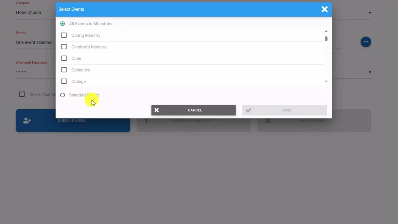 Basic MP Check-In Event Selection