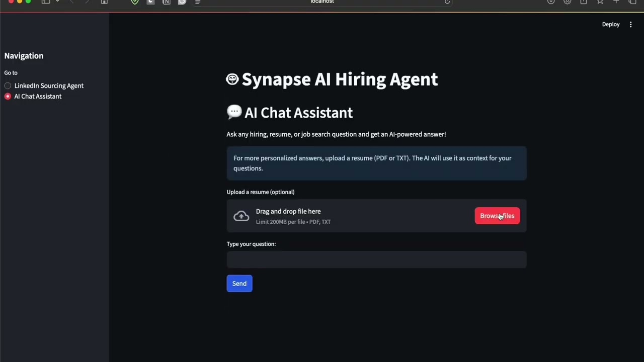 Synapse AI Hiring Agent Demo by Damanjit &mdash; Next-Gen LinkedIn Sourcing & AI Resume Chat