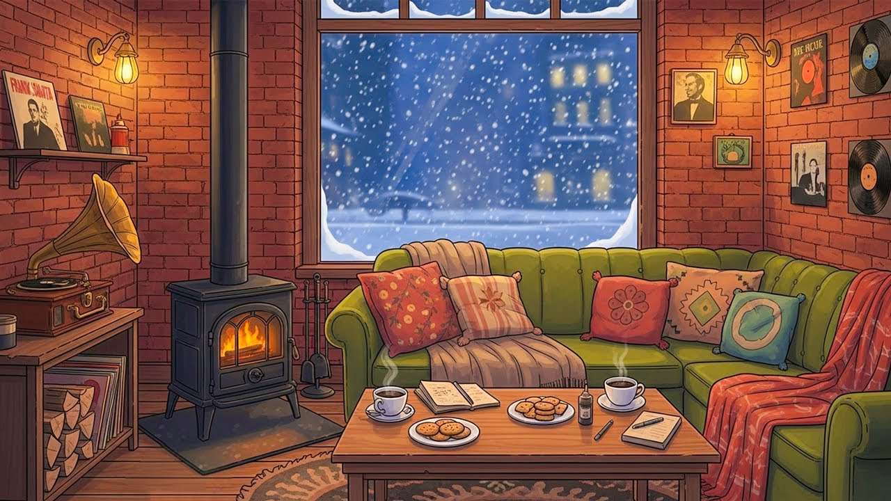 NYC Winter Snowstorm in a Cozy Room with Oldies Playing in Another Room ( Fireplace & Blizzard)