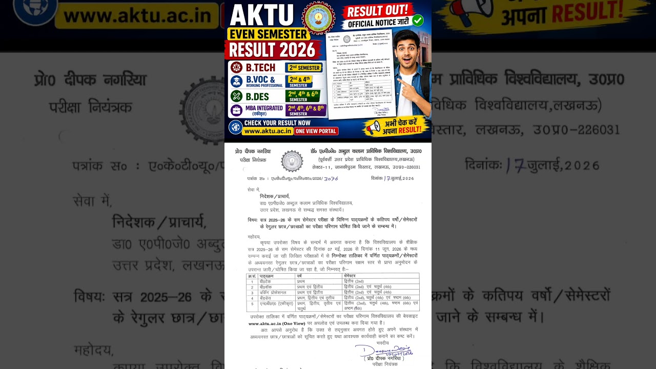 AKTU Even Semester Result 2026 Out 🔥 B.Tech, B.Voc, B.Des, MBA Integrated Results Released | One ...