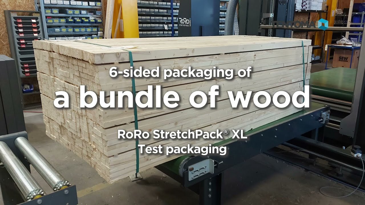 Packaging machine performs 6-sided packaging of wood bundle - 100% waterproof