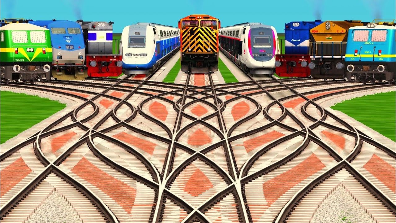Nine Trains Crossing Run To Run At Bumpy Railroad Track ll train game video ll railgadi cartoon game