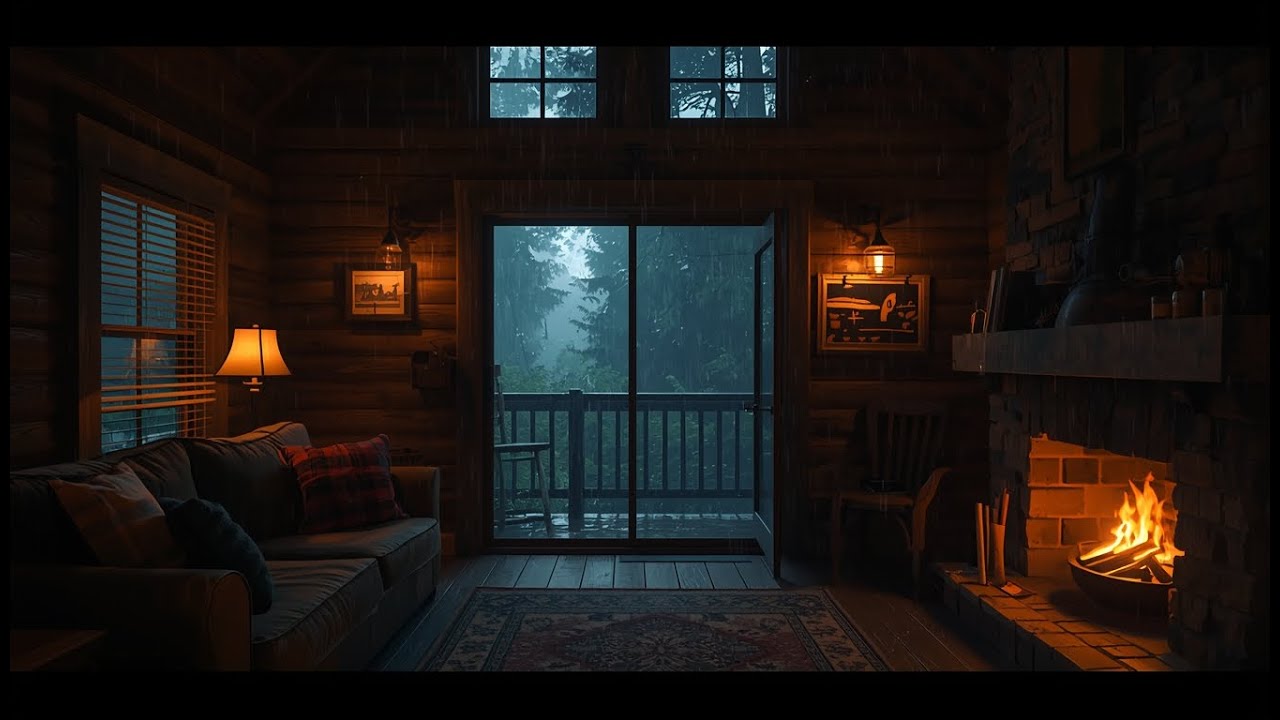 Night Rain in a Cozy Cabin with Fireplace | 8 Hours for Sleep & Relax