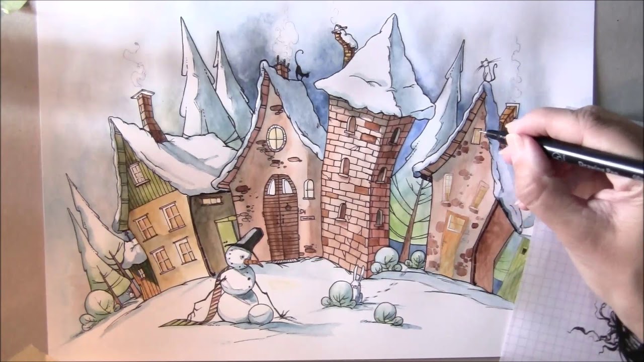Watercolor ILLUSTATION | Snowman and the little Village | by LadyKikki