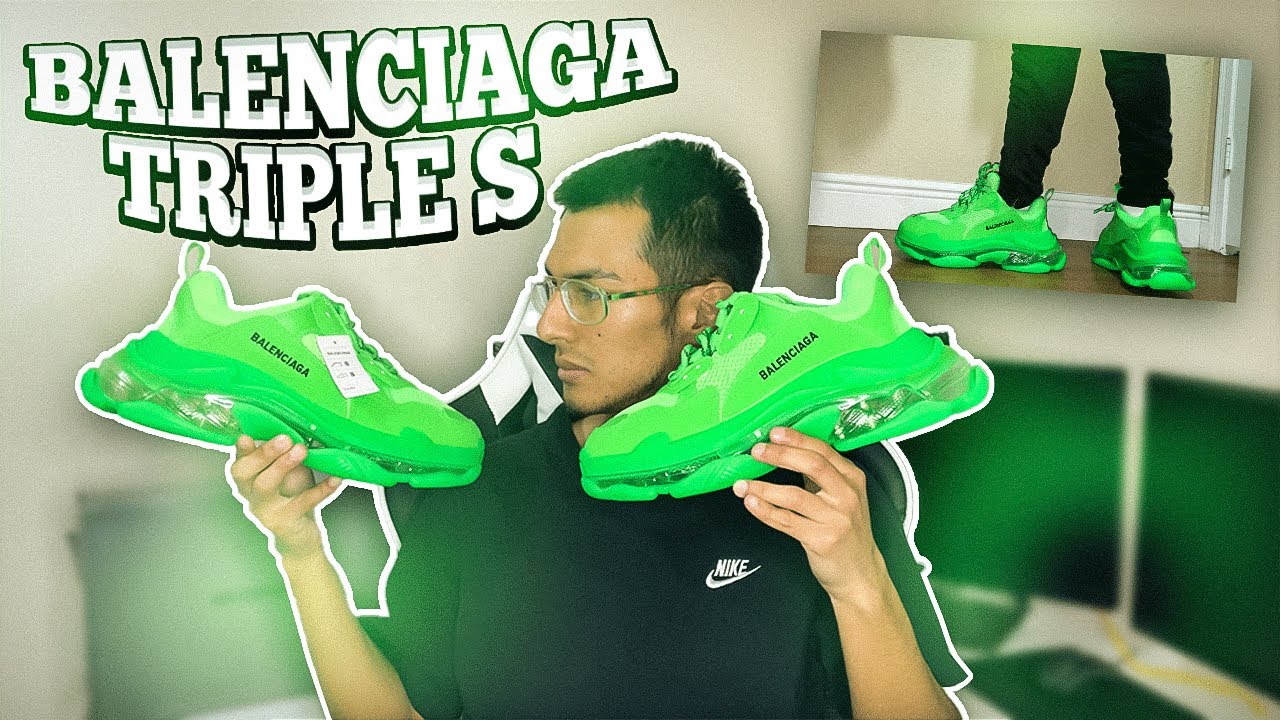 (UA) BALENCIAGA TRIPLE S NEON GREEN UNBOXING & ON FEET! *FIRST PAIR OF BALENCIAGAS!*