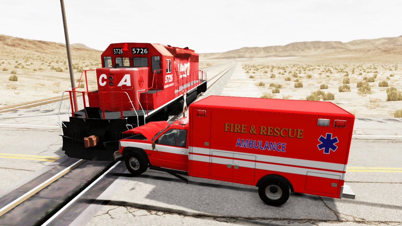 Trains Vs Ambulance Vs Portal Trap With Police Car - Cars vs Rails And Trains Crashes - BeamNG.Drive