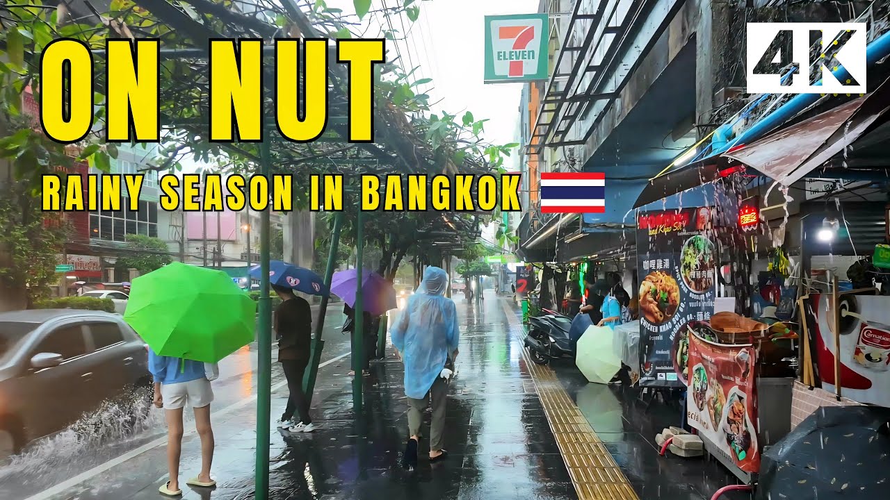 [4K] Rain Walk in On Nut, Bangkok 🇹🇭 Walking Tour (ASMR Rain Sounds)