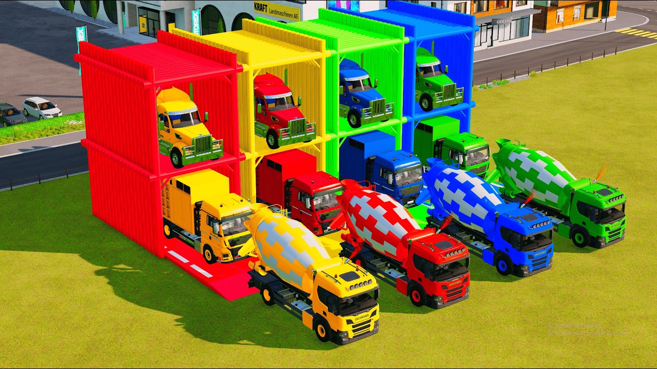 Garage with Colors - ALL MIXER TRUCK WITH DOUBLE FLATBED TRAILER TRUCK, INTERNATIONAL, SCANIA, MAN