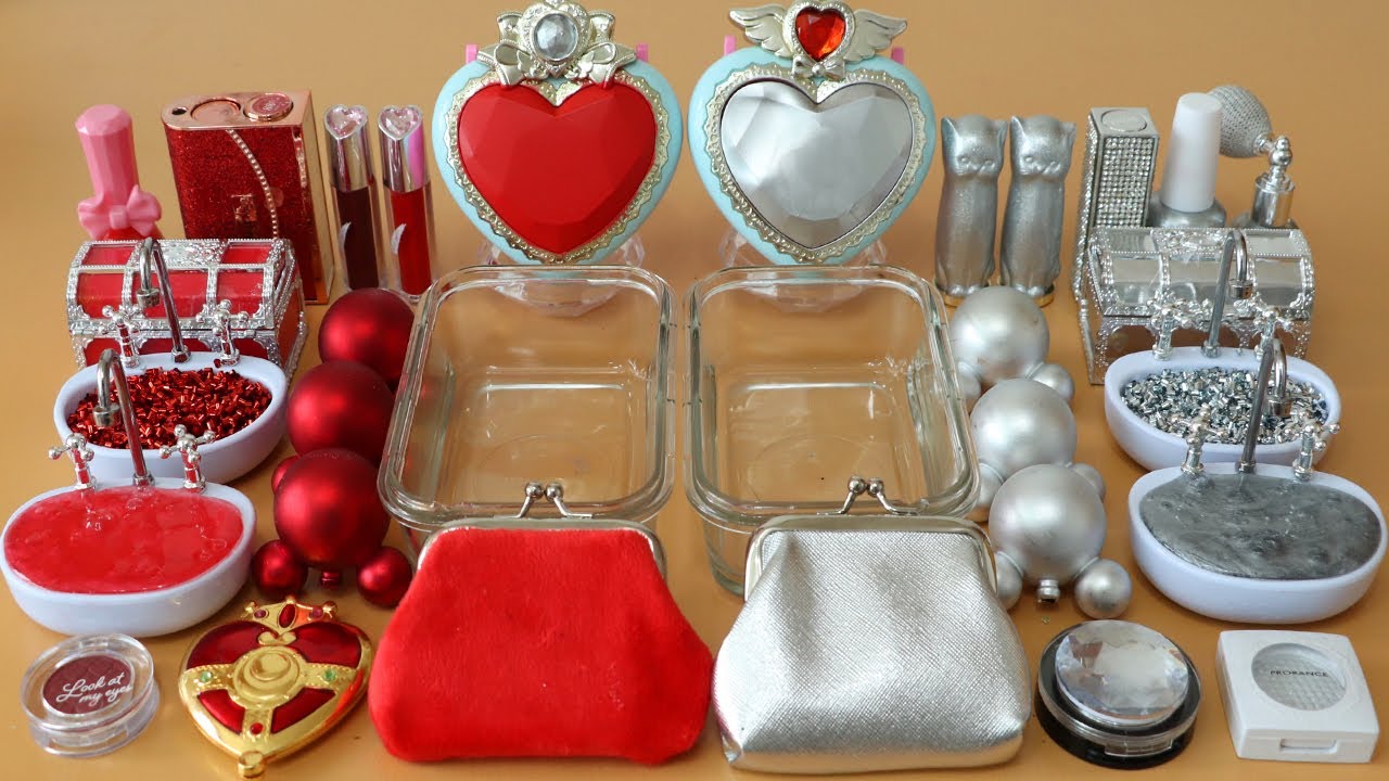 Mixing”Red & Silver” Eyeshadow and Makeup,parts,glitter Into Slime!Satisfying Slime Video!★ASMR★
