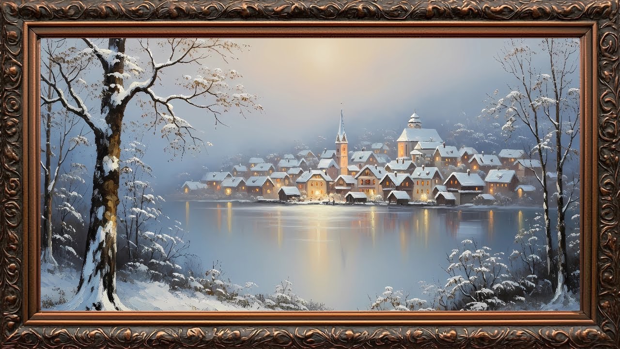 Snowy Winter Village by the Lake ❄️ Cozy Evening Lights | Framed TV Art Screensaver