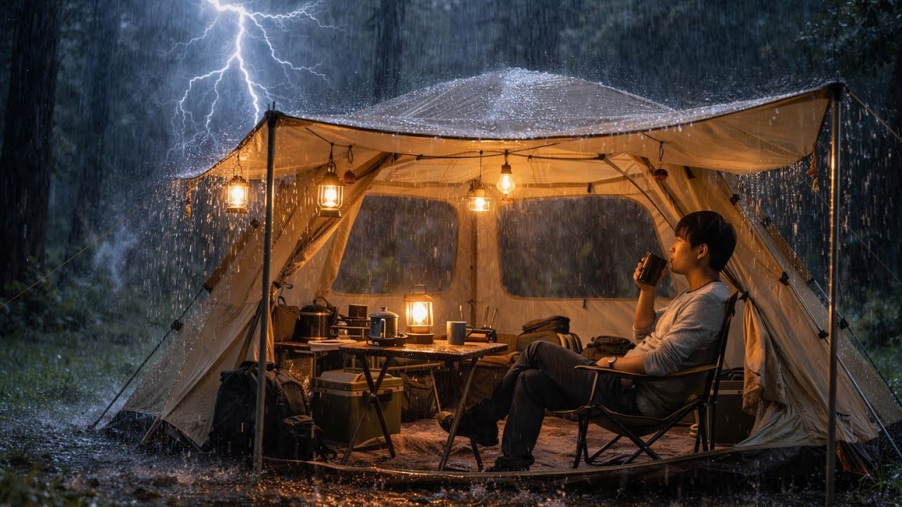 Camping Alone During Heavy Rain & Thunder
